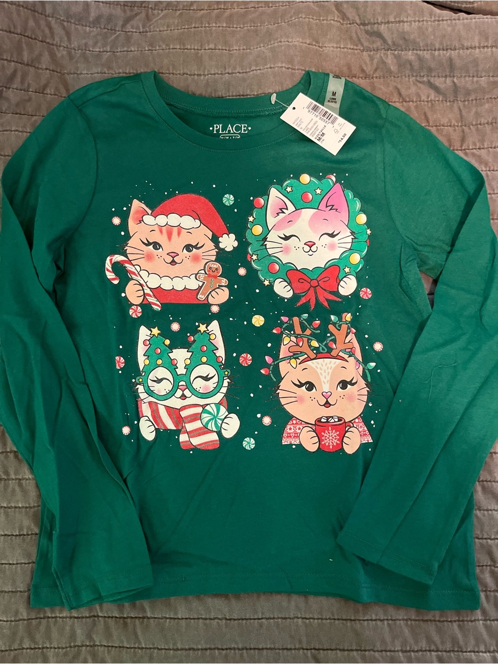 The Children's Place Festive Green Long-Sleeve Holiday Cats Tee